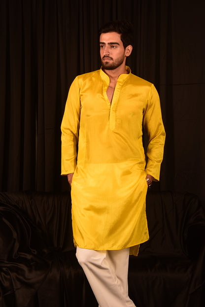 BRIGHT YELLOW CHINON STRAIGHT KURTA SET WITH PANTS