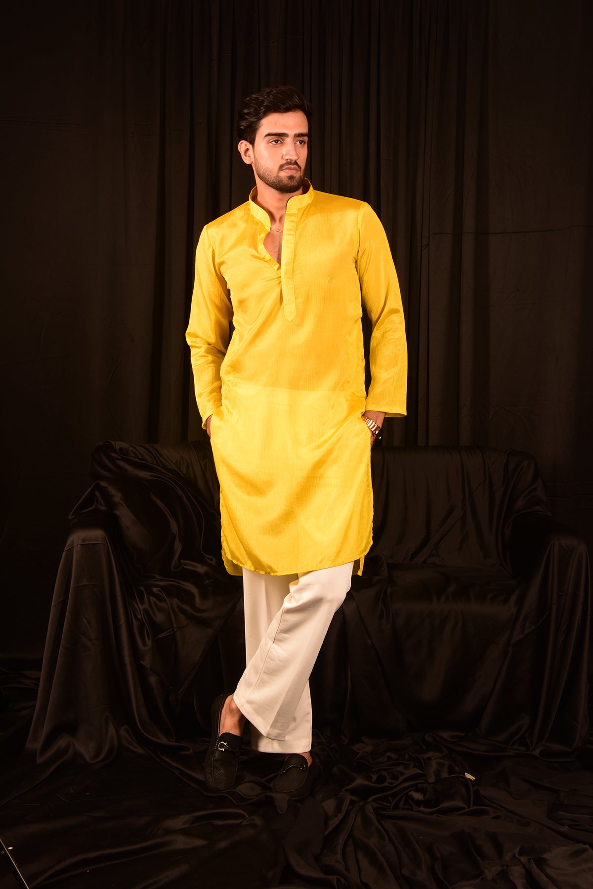 BRIGHT YELLOW CHINON STRAIGHT KURTA SET WITH PANTS