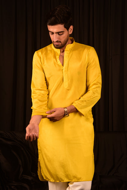 BRIGHT YELLOW CHINON STRAIGHT KURTA SET WITH PANTS