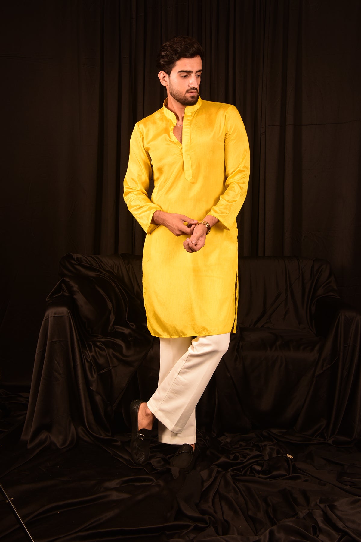 BRIGHT YELLOW CHINON STRAIGHT KURTA SET WITH PANTS