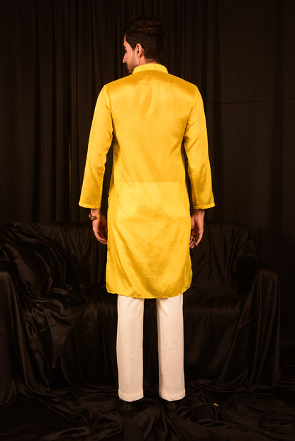 BRIGHT YELLOW CHINON STRAIGHT KURTA SET WITH PANTS