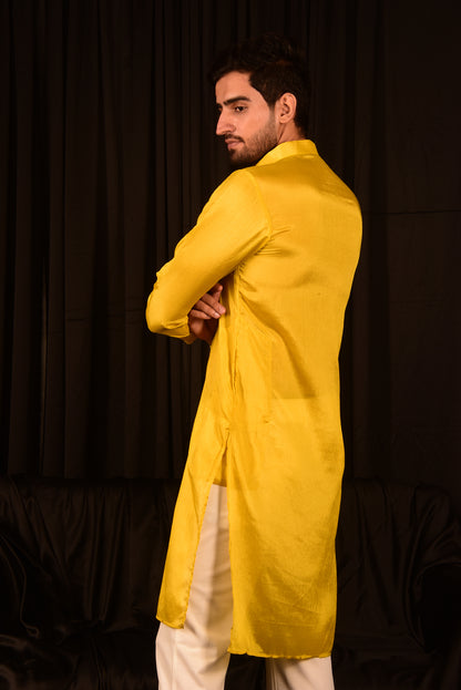 BRIGHT YELLOW CHINON STRAIGHT KURTA SET WITH PANTS