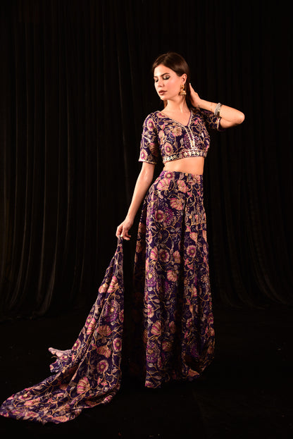 Floral Purple Crop Top Skirt And Dupatta