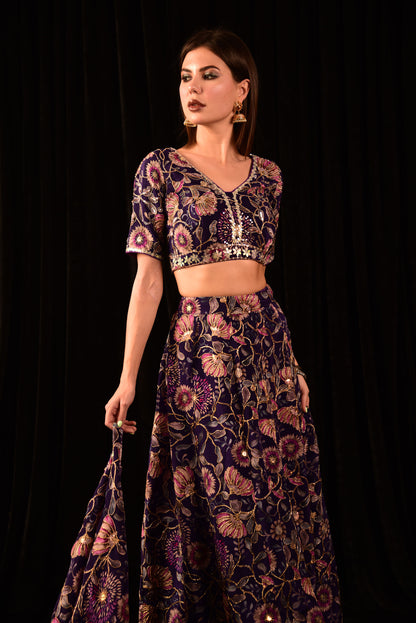 Floral Purple Crop Top Skirt And Dupatta