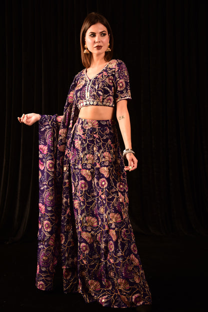 Floral Purple Crop Top Skirt And Dupatta