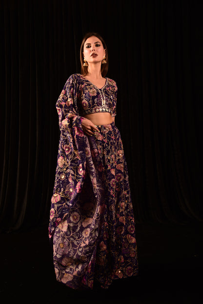 Floral Purple Crop Top Skirt And Dupatta