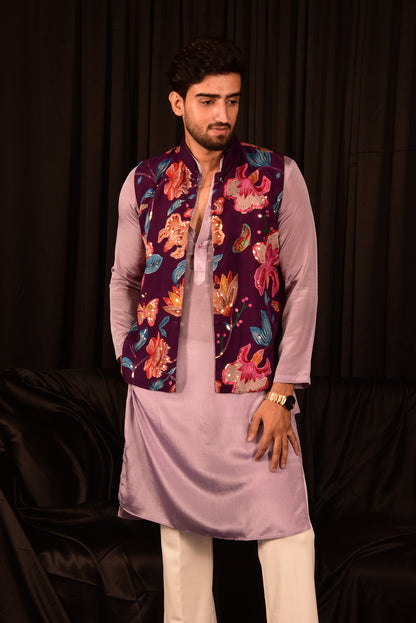 LILAC CHINON STRAIGHT KURTA SET WITH EMBROIDERED BANDHI JACKET