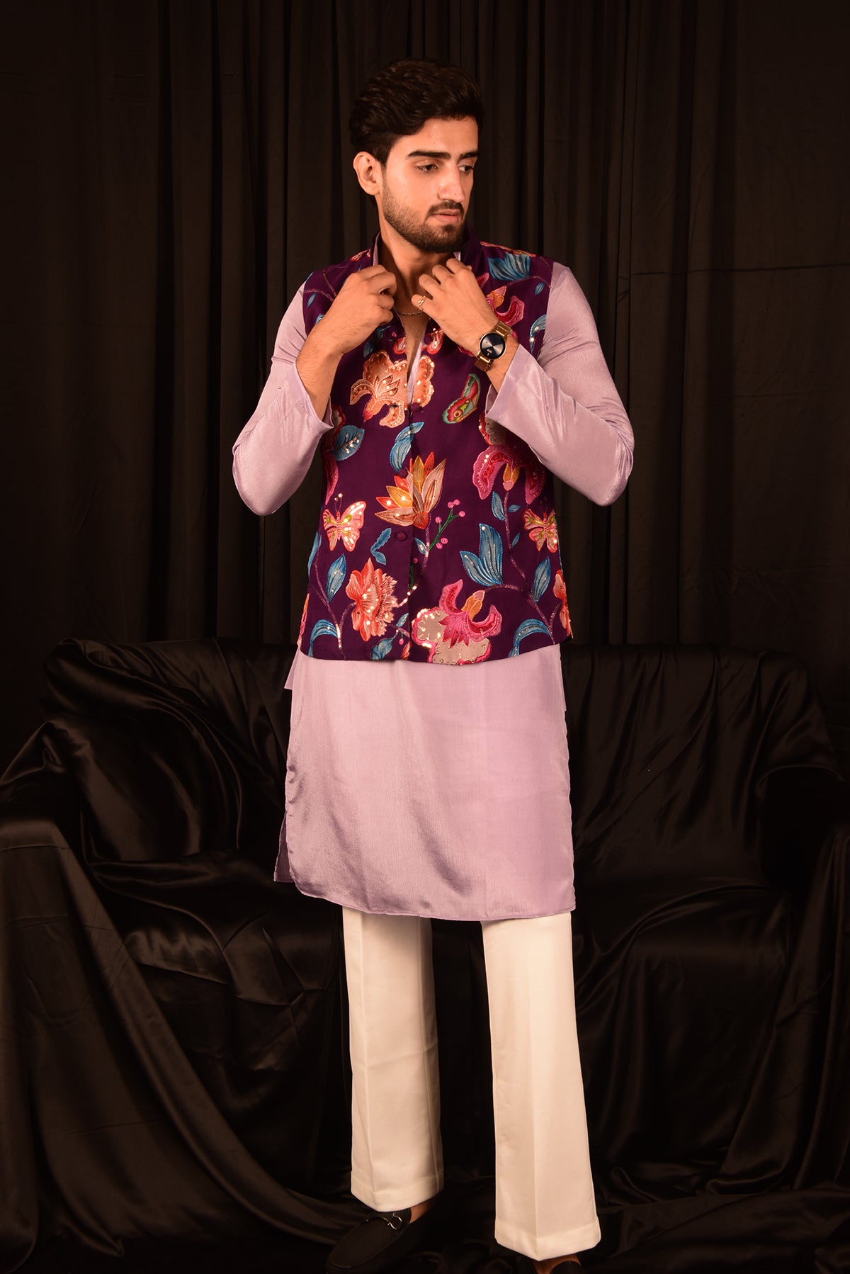 LILAC CHINON STRAIGHT KURTA SET WITH EMBROIDERED BANDHI JACKET