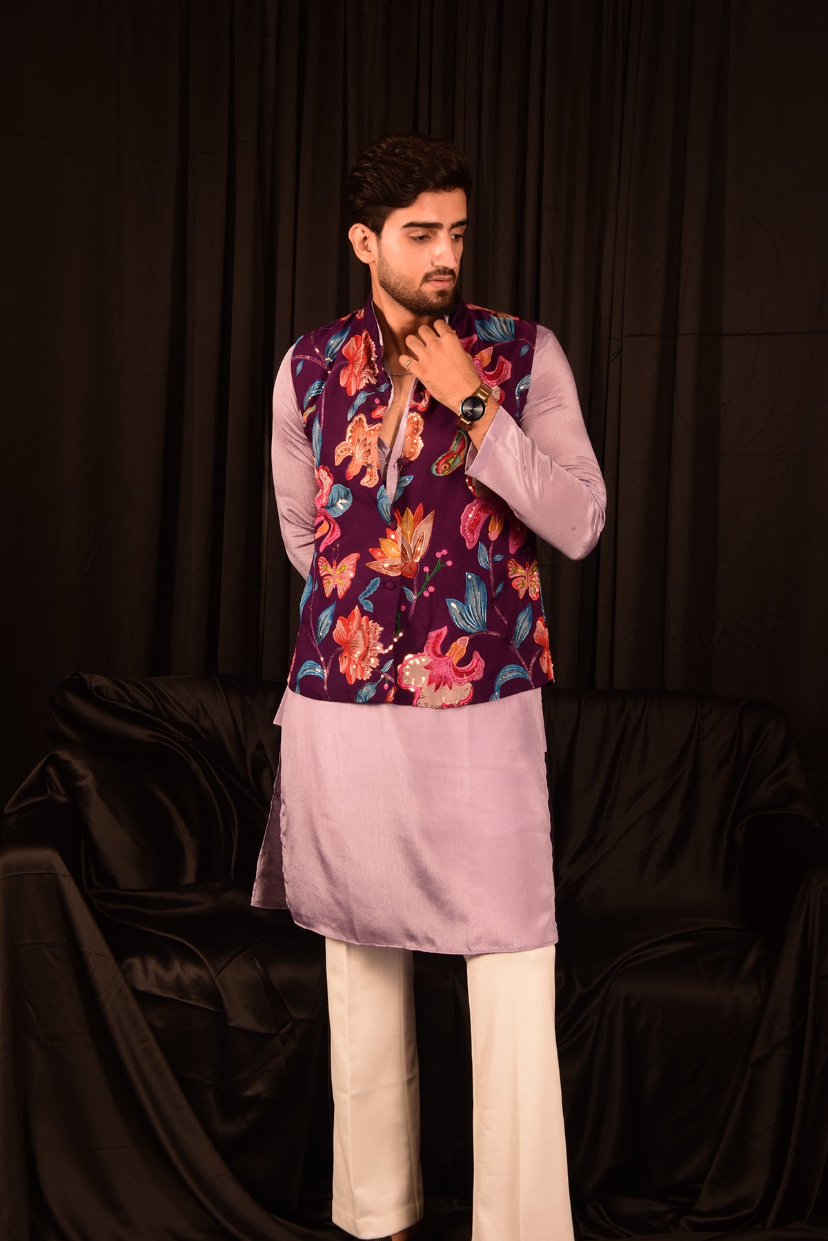 LILAC CHINON STRAIGHT KURTA SET WITH EMBROIDERED BANDHI JACKET