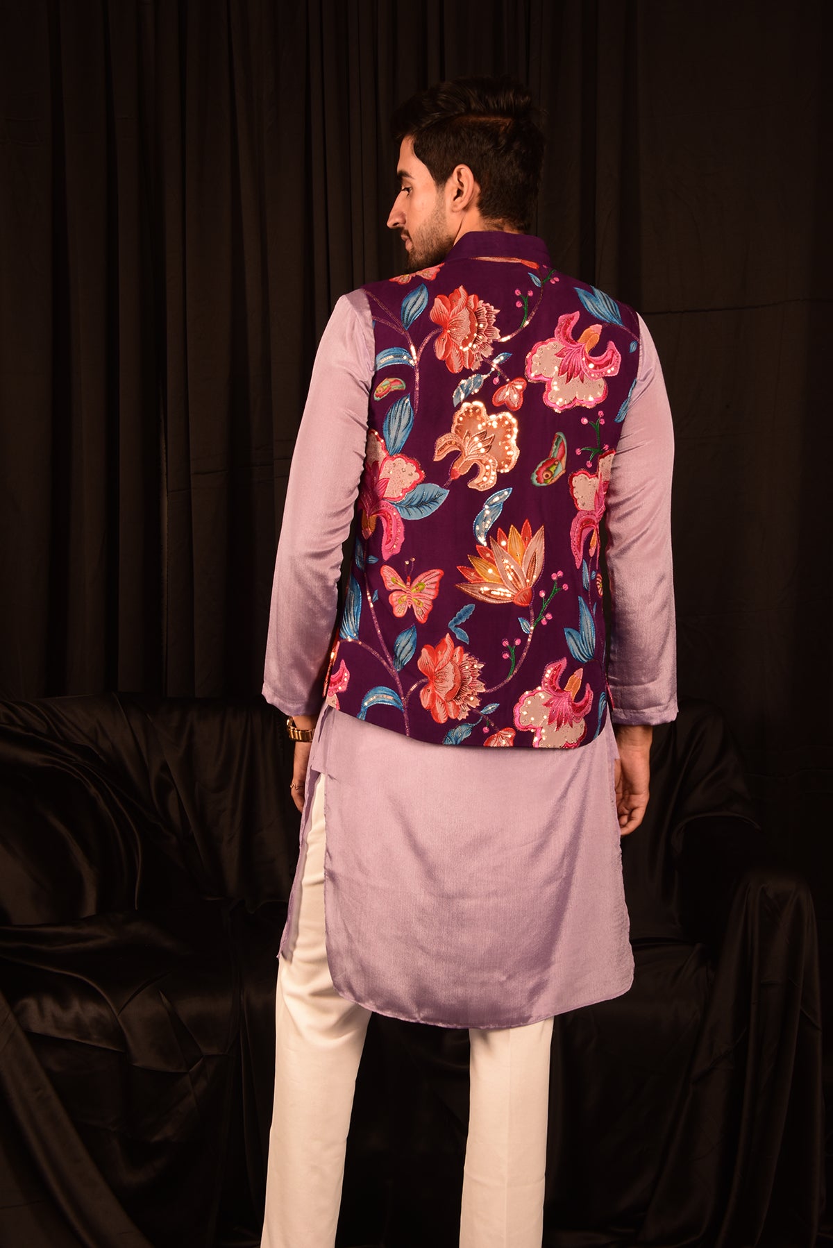 LILAC CHINON STRAIGHT KURTA SET WITH EMBROIDERED BANDHI JACKET