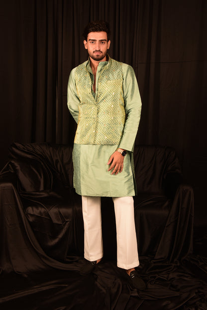 GREEN ART SILK STRAIGHT KURTA SET WITH BANDHI JACKET