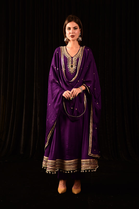 HAND EMBROIDED PURPLE ANARKALI SUIT WITH DUPATTA