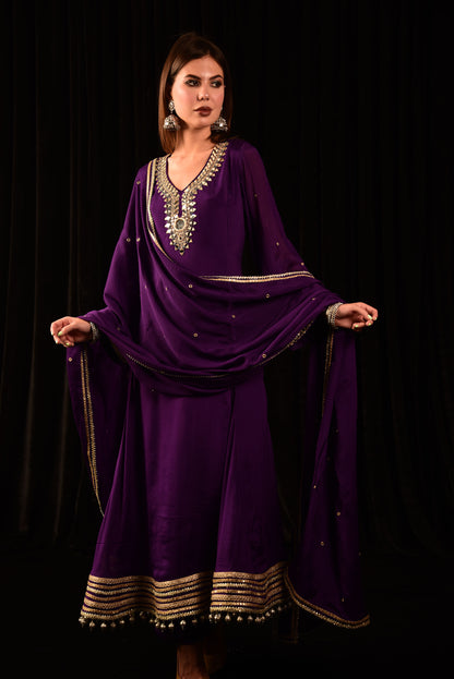 HAND EMBROIDED PURPLE ANARKALI SUIT WITH DUPATTA