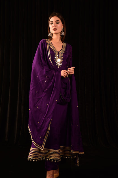 HAND EMBROIDED PURPLE ANARKALI SUIT WITH DUPATTA