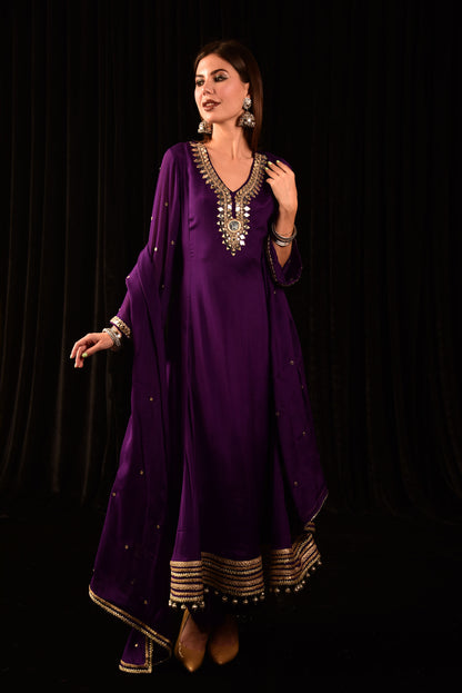 HAND EMBROIDED PURPLE ANARKALI SUIT WITH DUPATTA