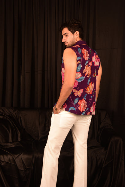 PURPLE FLORAL EMBROIDERED JACKET WITH WHITE PANTS