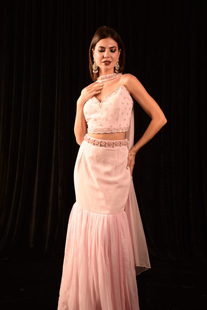 BABY PINK CROP TOP WITH FISH CUT SKIRT AND DUPATTA