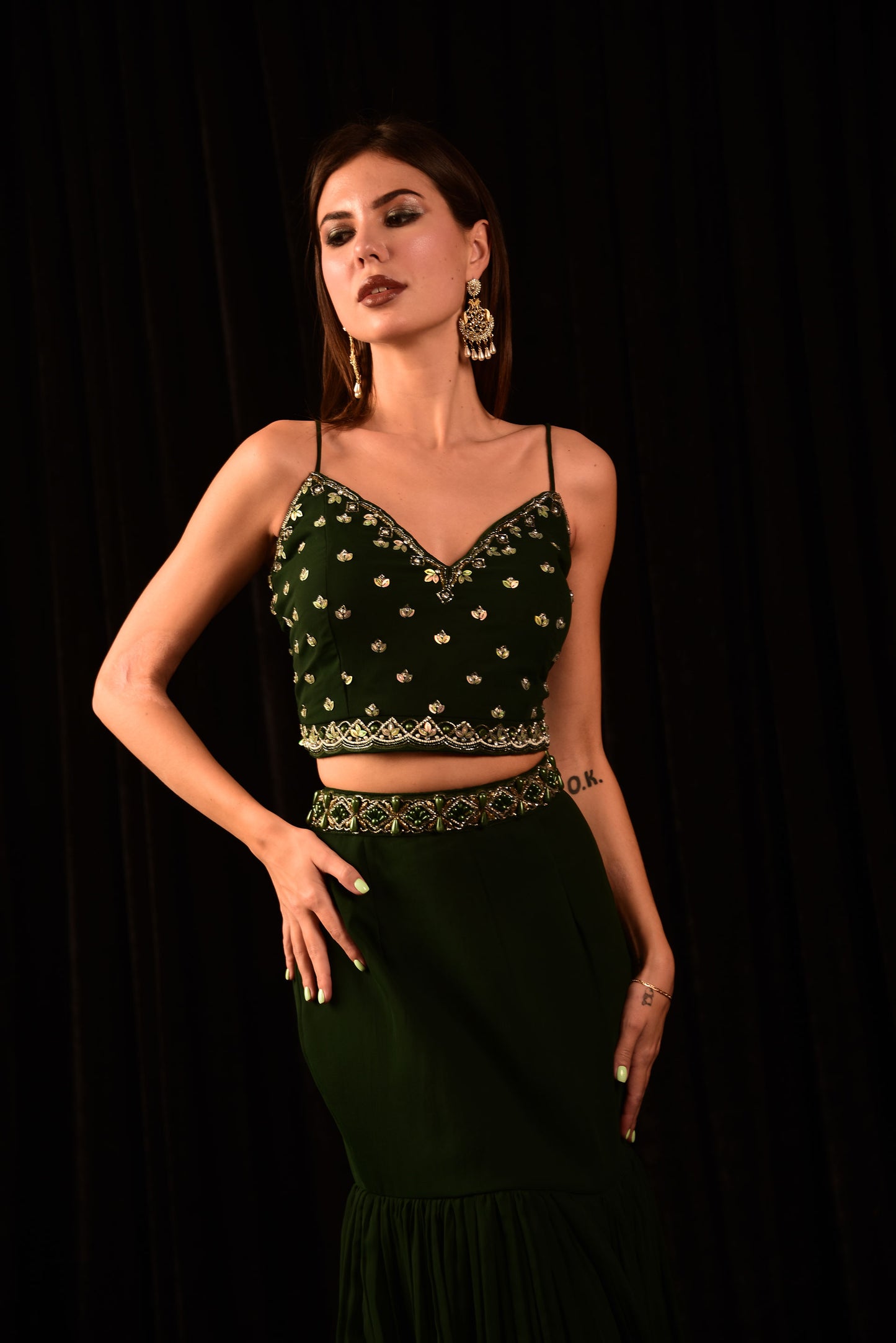 Green Hand Embroidered Blouse and Fish Cut Skirt IW_CN