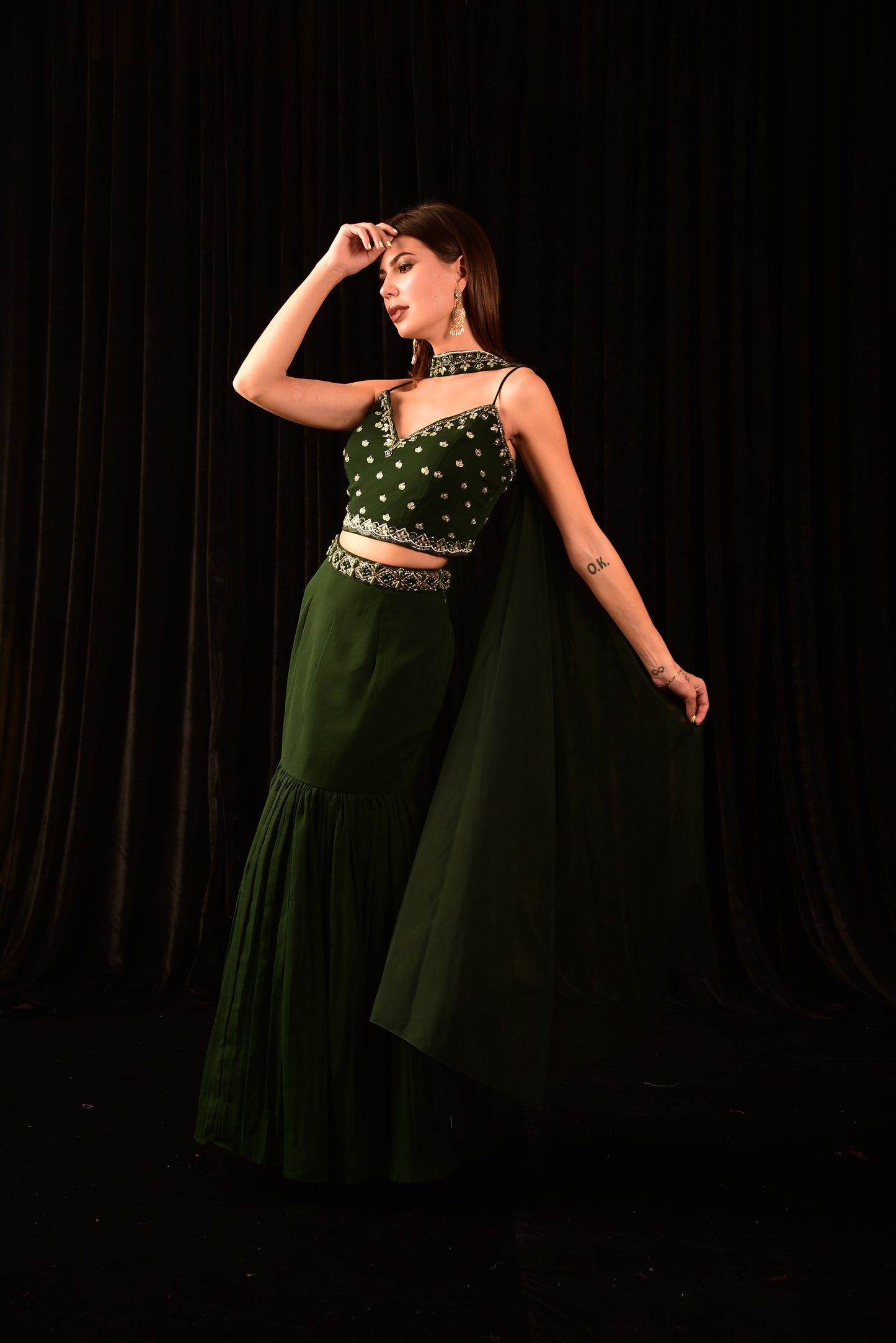 Green Hand Embroidered Blouse and Fish Cut Skirt IW_CN