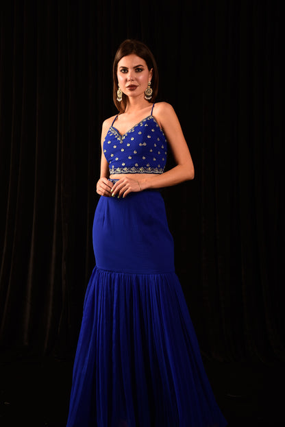 Neon Blue Hand Embroidered Blouse Paired Flawlessly With A Chic Fish Cut Skirt