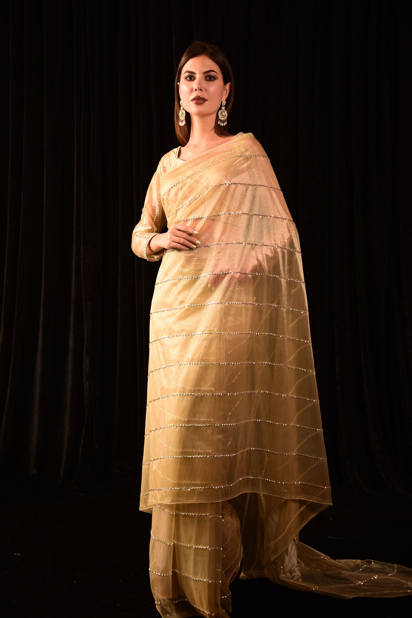 BEIGE HAND EMBROIDED PRE DRAPE SAREE IW_DR
