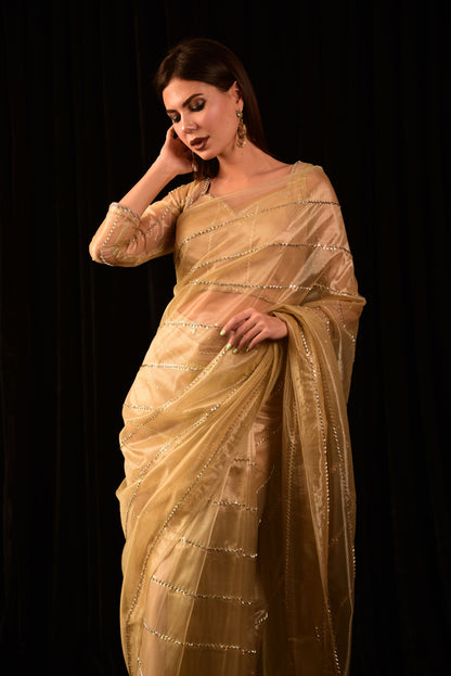 BEIGE HAND EMBROIDED PRE DRAPE SAREE IW_DR