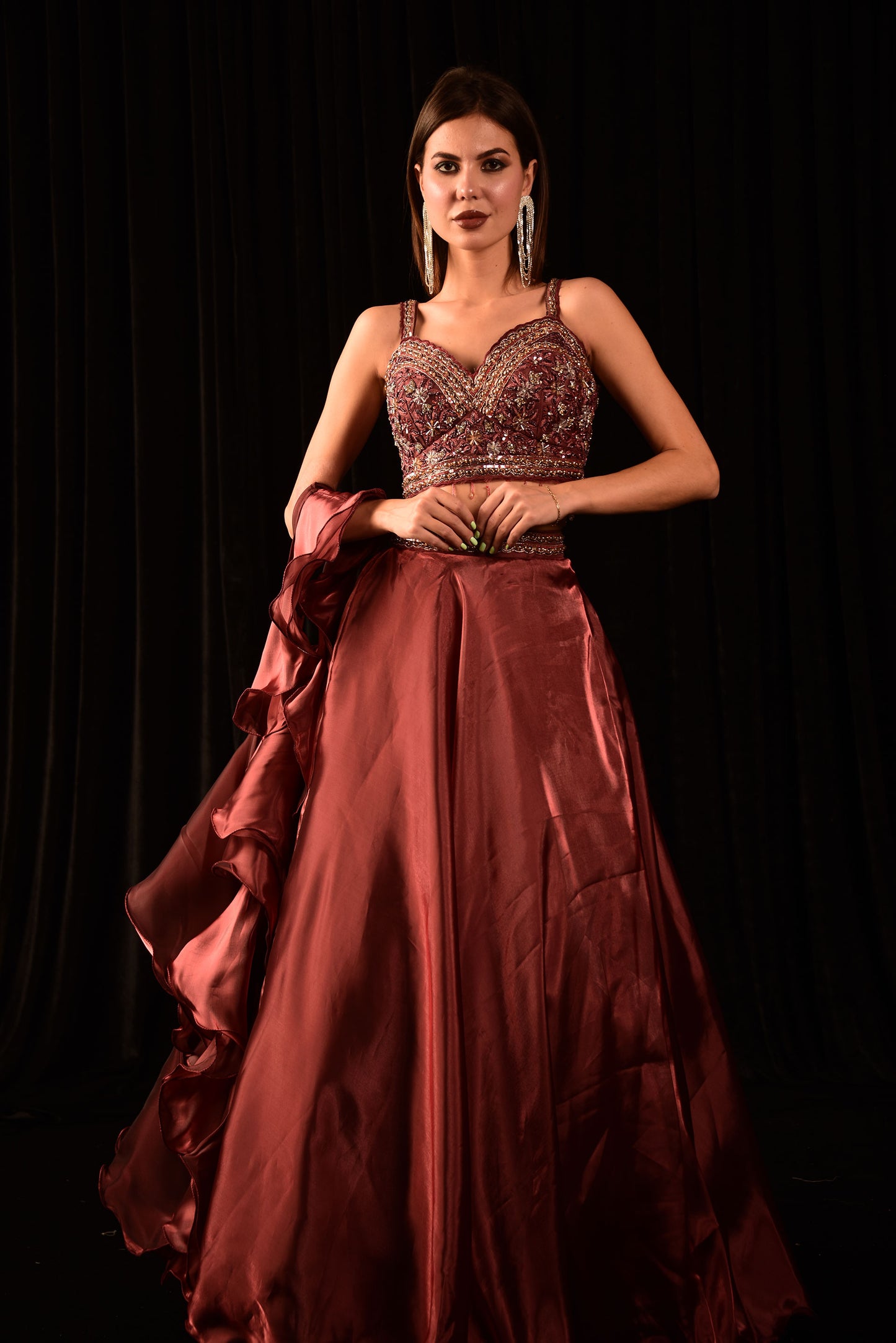 Metallic Maroon Lehenga Set, Featuring A Hand-Embroidered Blouse And A Ruffle Dupatta