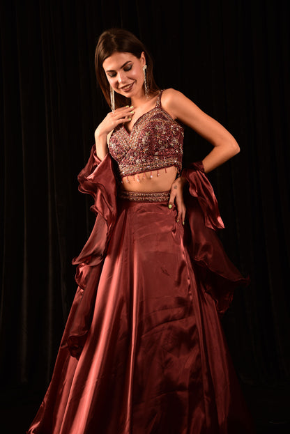 Metallic Maroon Lehenga Set, Featuring A Hand-Embroidered Blouse And A Ruffle Dupatta