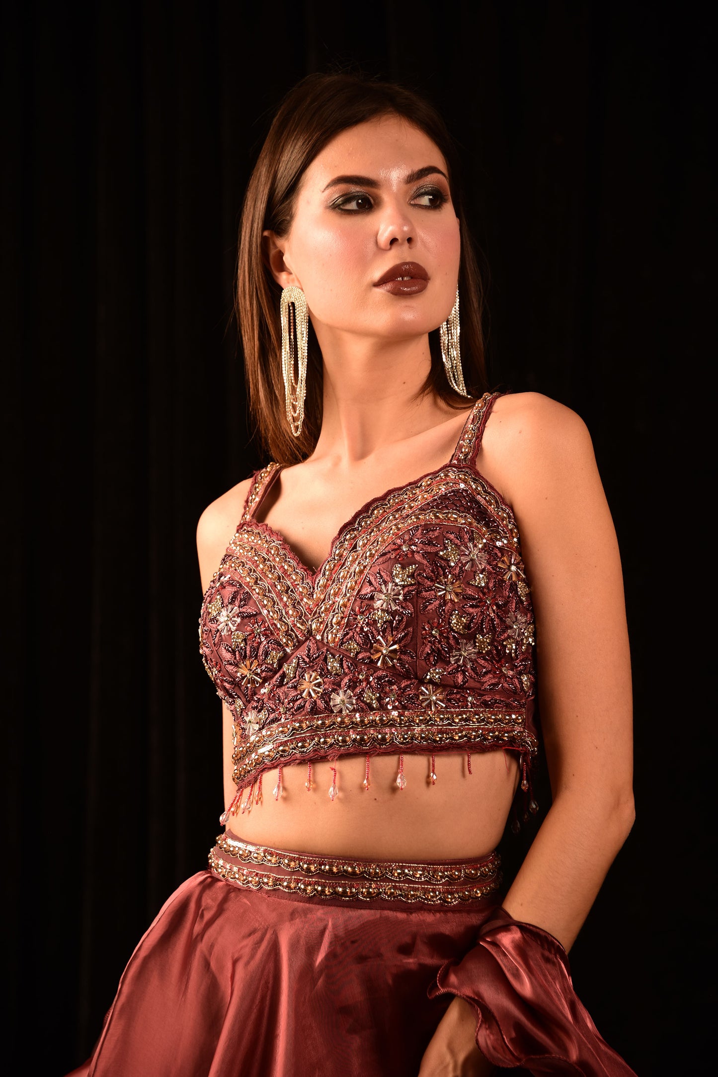 Metallic Maroon Lehenga Set, Featuring A Hand-Embroidered Blouse And A Ruffle Dupatta