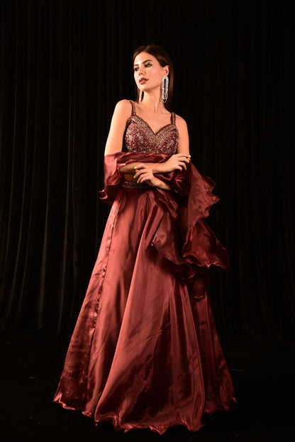 Metallic Maroon Lehenga set, featuring a Hand-Embroidered Blouse and a Ruffle Dupatta CS_BN