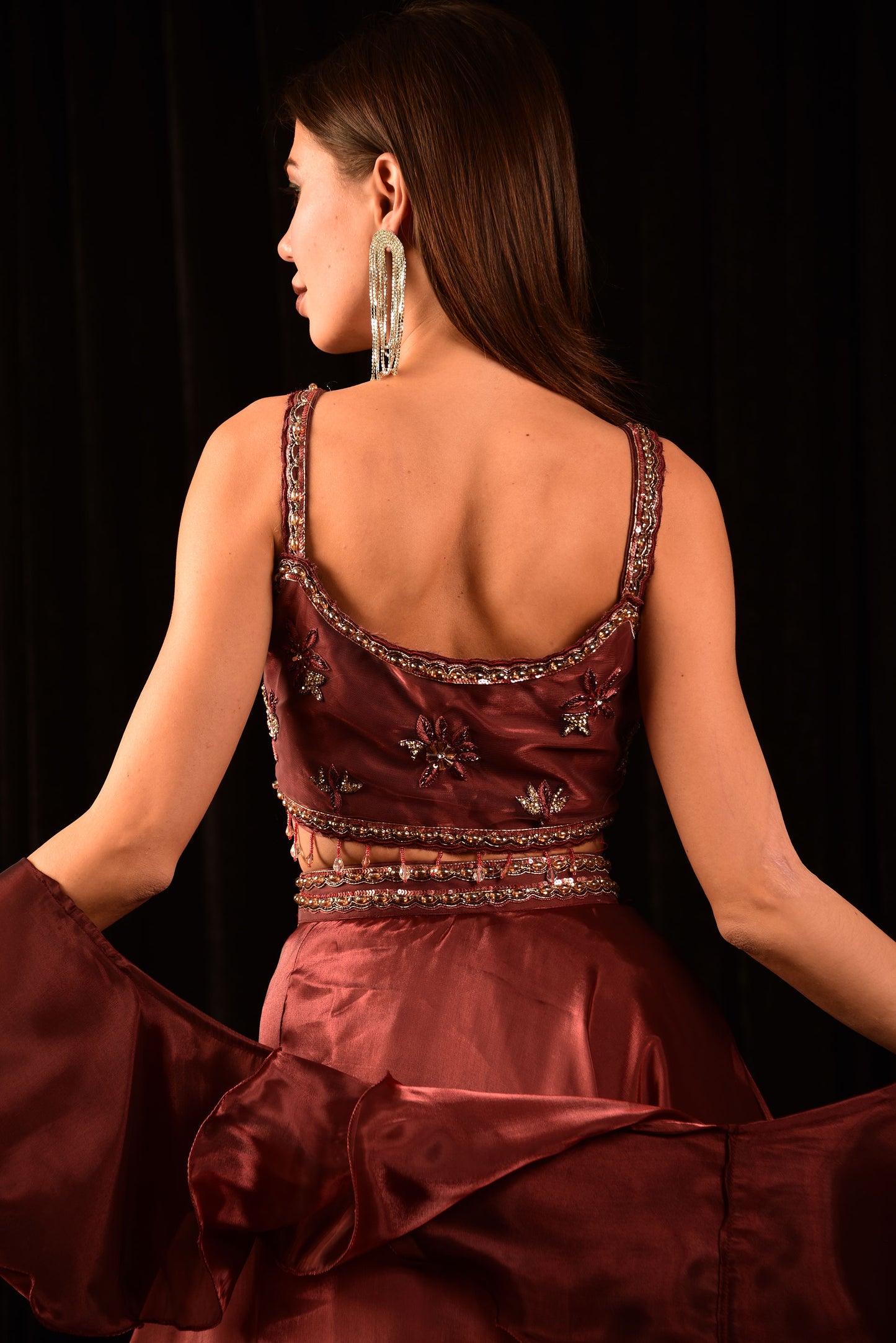 Metallic Maroon Lehenga Set, Featuring A Hand-Embroidered Blouse And A Ruffle Dupatta