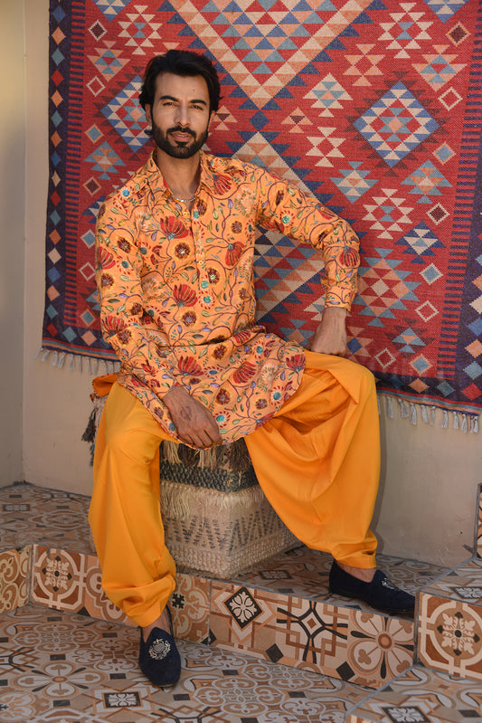 MUSTARD YELLOW PATHANI KURTA SET