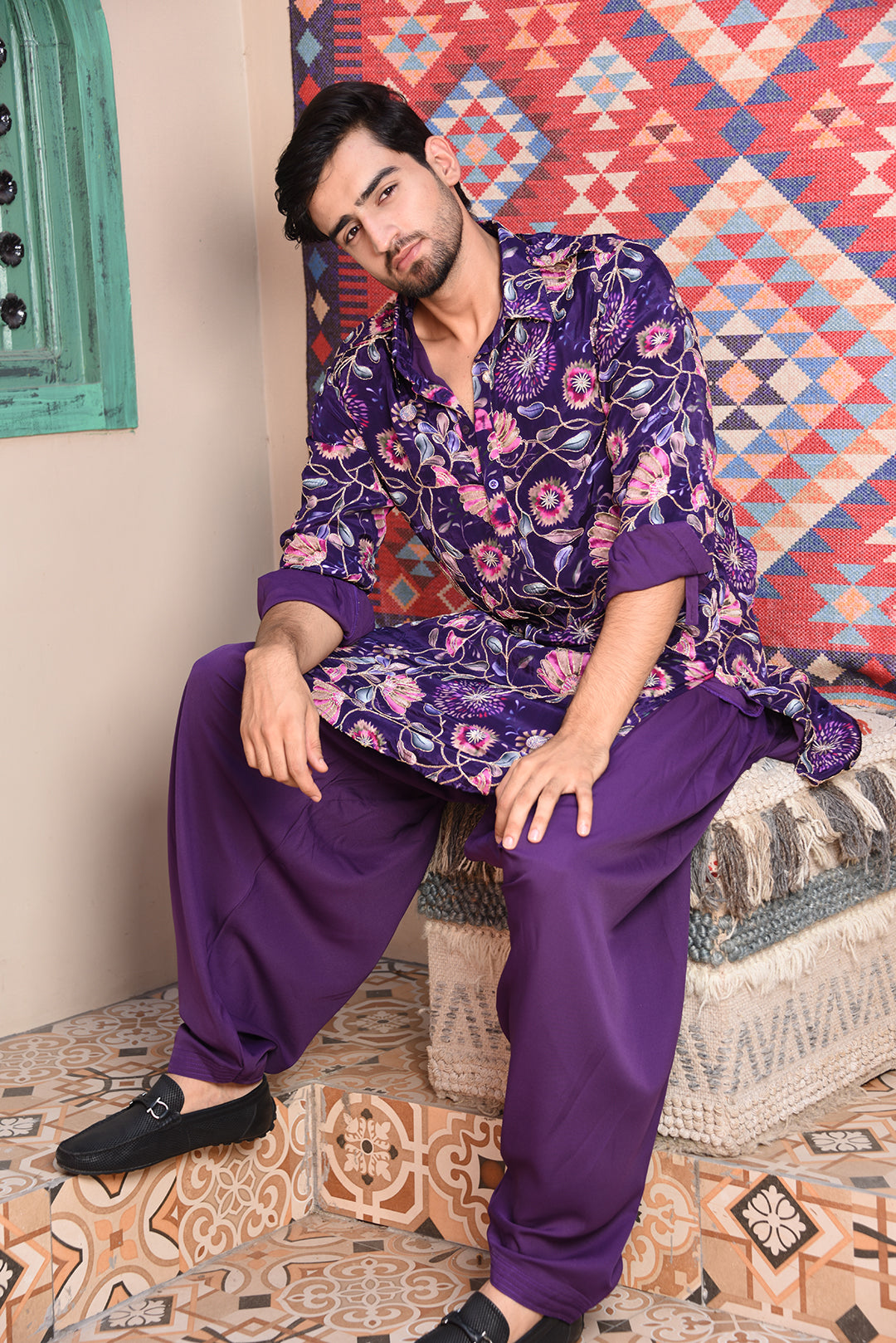 PURPLE FLORAL EMBROIDERED PATHANI KURTA SET