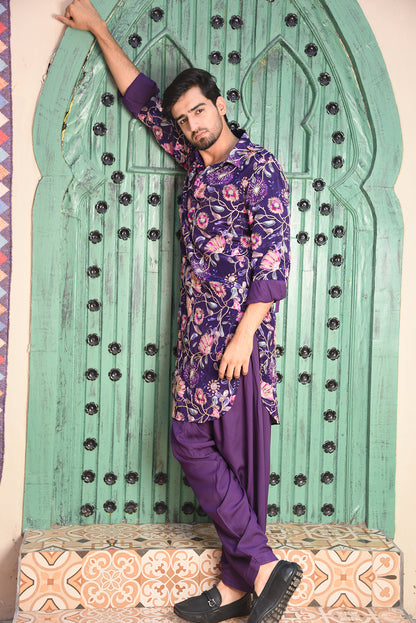 PURPLE FLORAL EMBROIDERED PATHANI KURTA SET