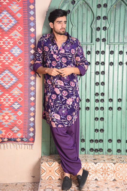 PURPLE FLORAL EMBROIDERED PATHANI KURTA SET