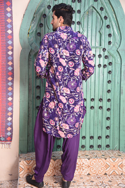 PURPLE FLORAL EMBROIDERED PATHANI KURTA SET