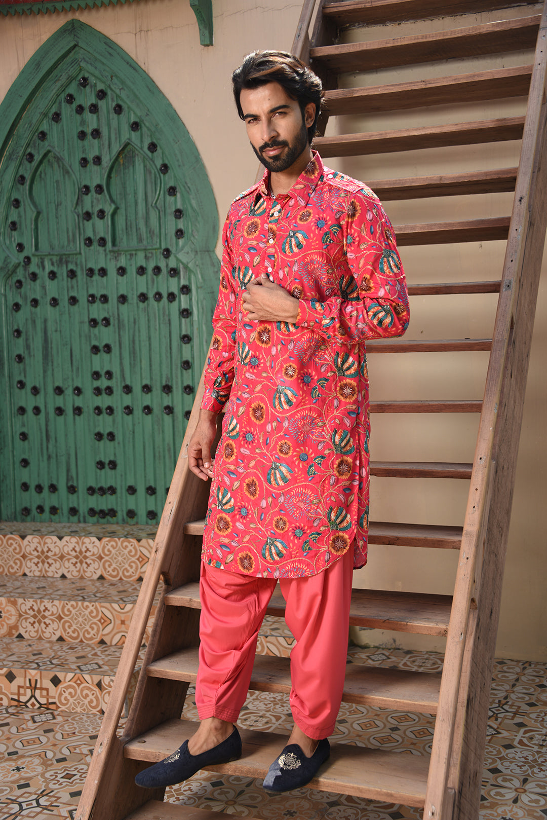 PINK FLORAL EMBROIDERED PATHANI KURTA SET