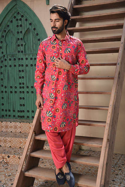 PINK FLORAL EMBROIDERED PATHANI KURTA SET