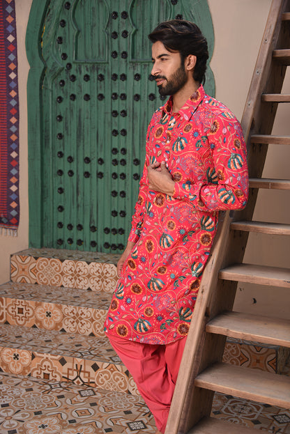 PINK FLORAL EMBROIDERED PATHANI KURTA SET