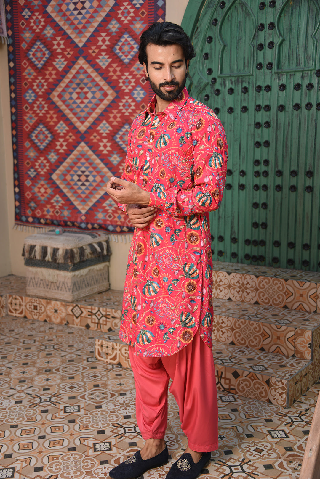 PINK FLORAL EMBROIDERED PATHANI KURTA SET