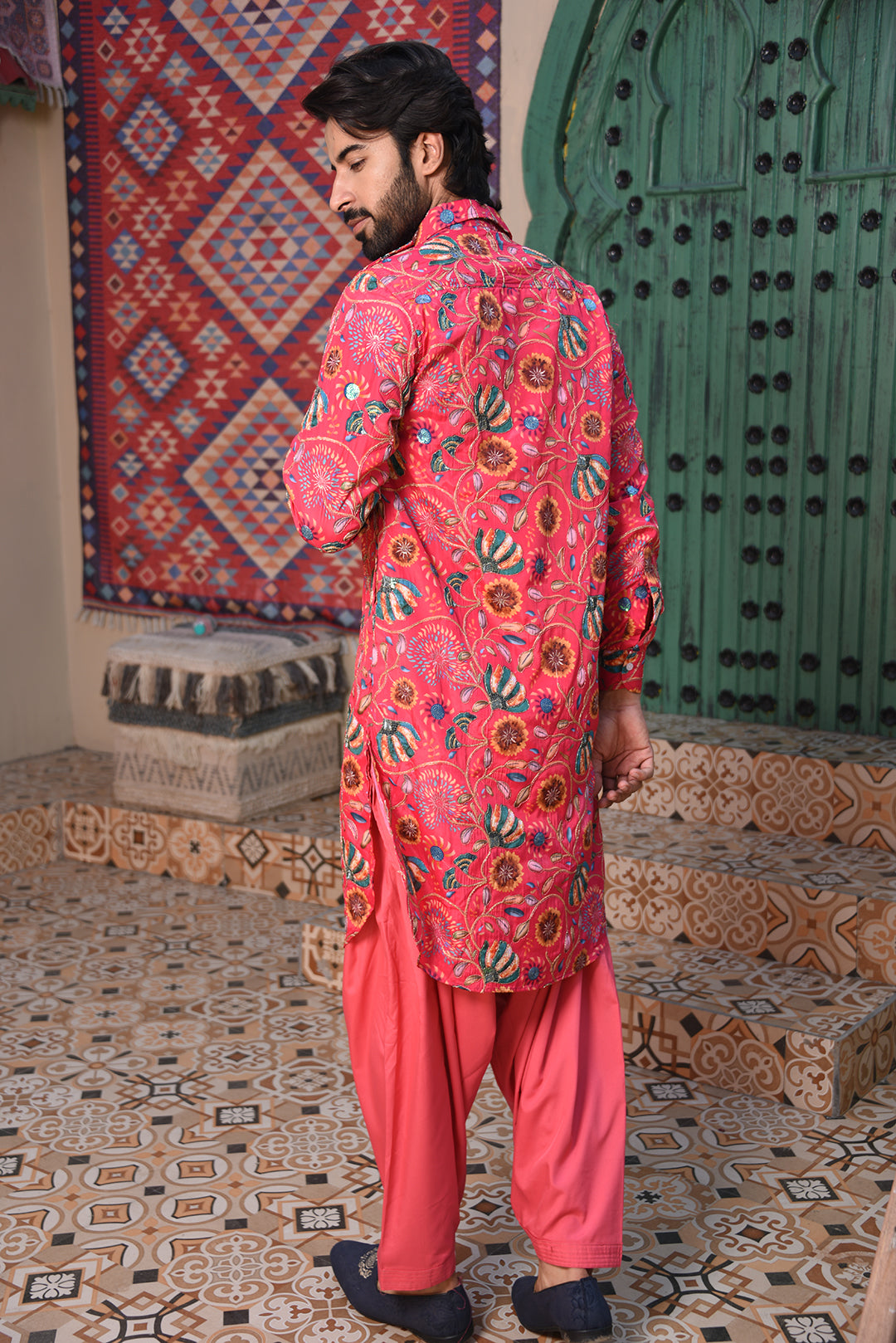 PINK FLORAL EMBROIDERED PATHANI KURTA SET