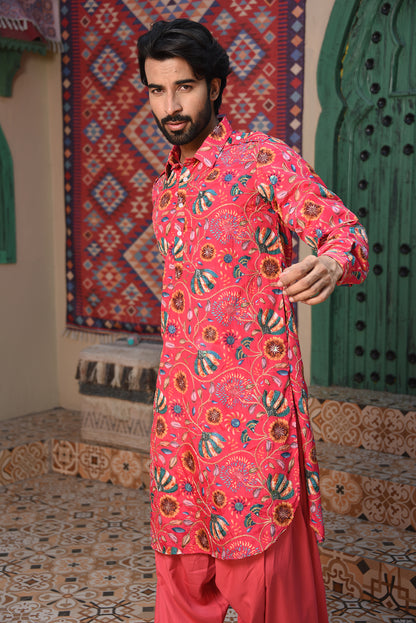 PINK FLORAL EMBROIDERED PATHANI KURTA SET