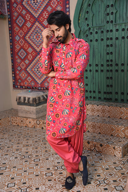 PINK FLORAL EMBROIDERED PATHANI KURTA SET