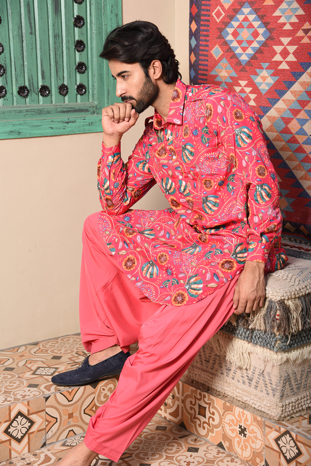 PINK FLORAL EMBROIDERED PATHANI KURTA SET