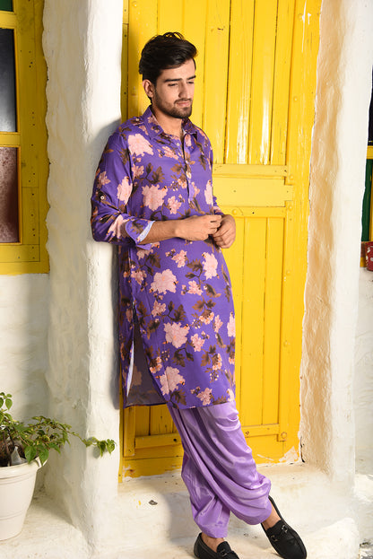 PURPLE PRINTED PATHANI KURTA SET