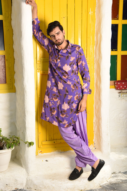 PURPLE PRINTED PATHANI KURTA SET