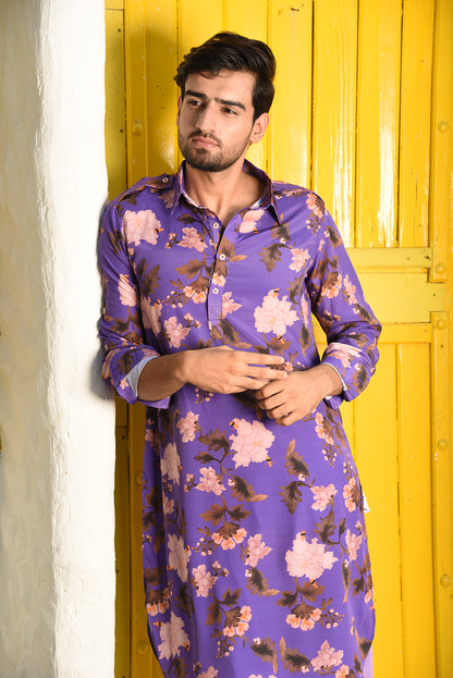 PURPLE PRINTED PATHANI KURTA SET