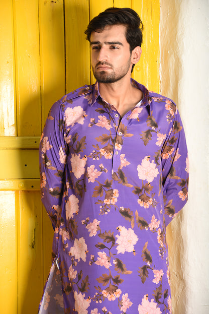 PURPLE PRINTED PATHANI KURTA SET