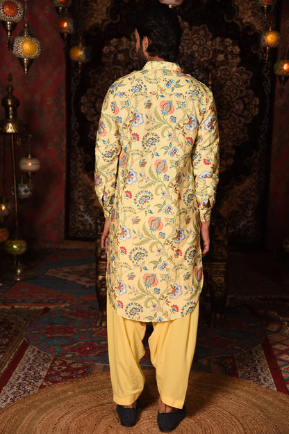 YELLOW PRINTED PATHANI KURTA SET