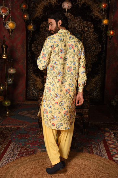 YELLOW PRINTED PATHANI KURTA SET